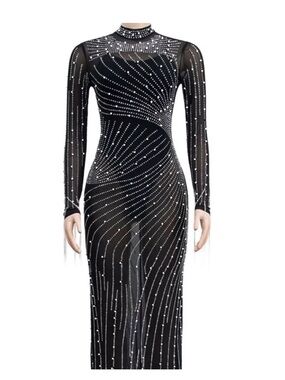 Black Long-Sleeve Sheer Crystal-Embellished Evening Dress